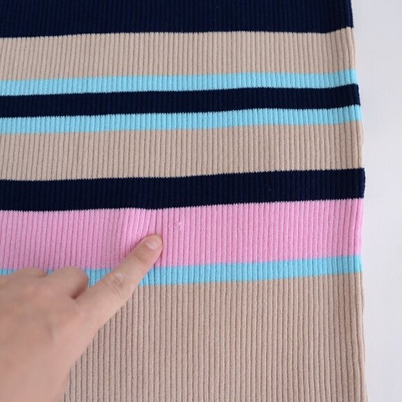 All Row Beige with Navy & Pink Stripe Bodycon Midi Short Sleeve Dress Medium - Picture 10 of 15